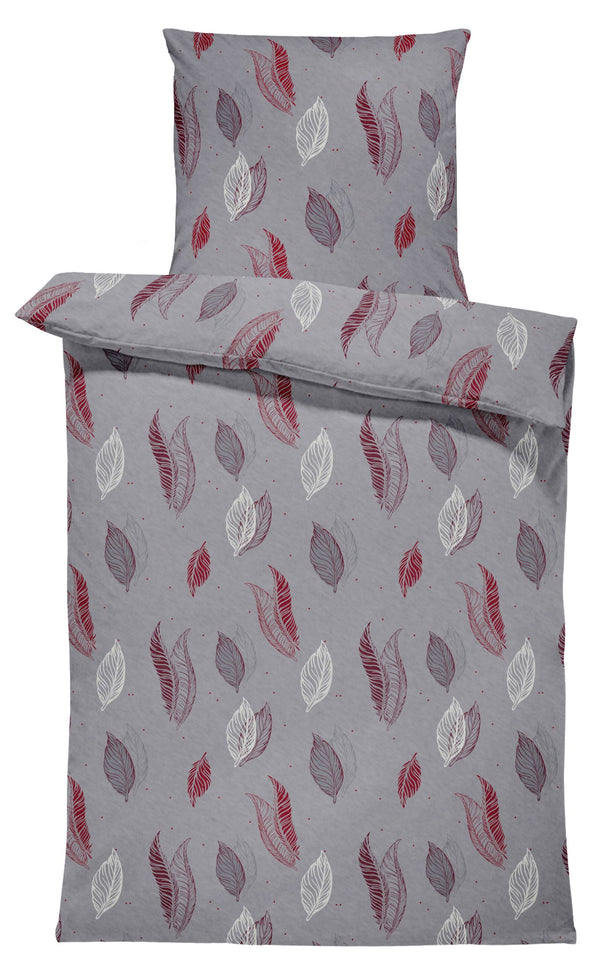 One Home Winter Bettwäsche 135x200 cm Blätter grau bordeaux rot Flausch Warme Fleece