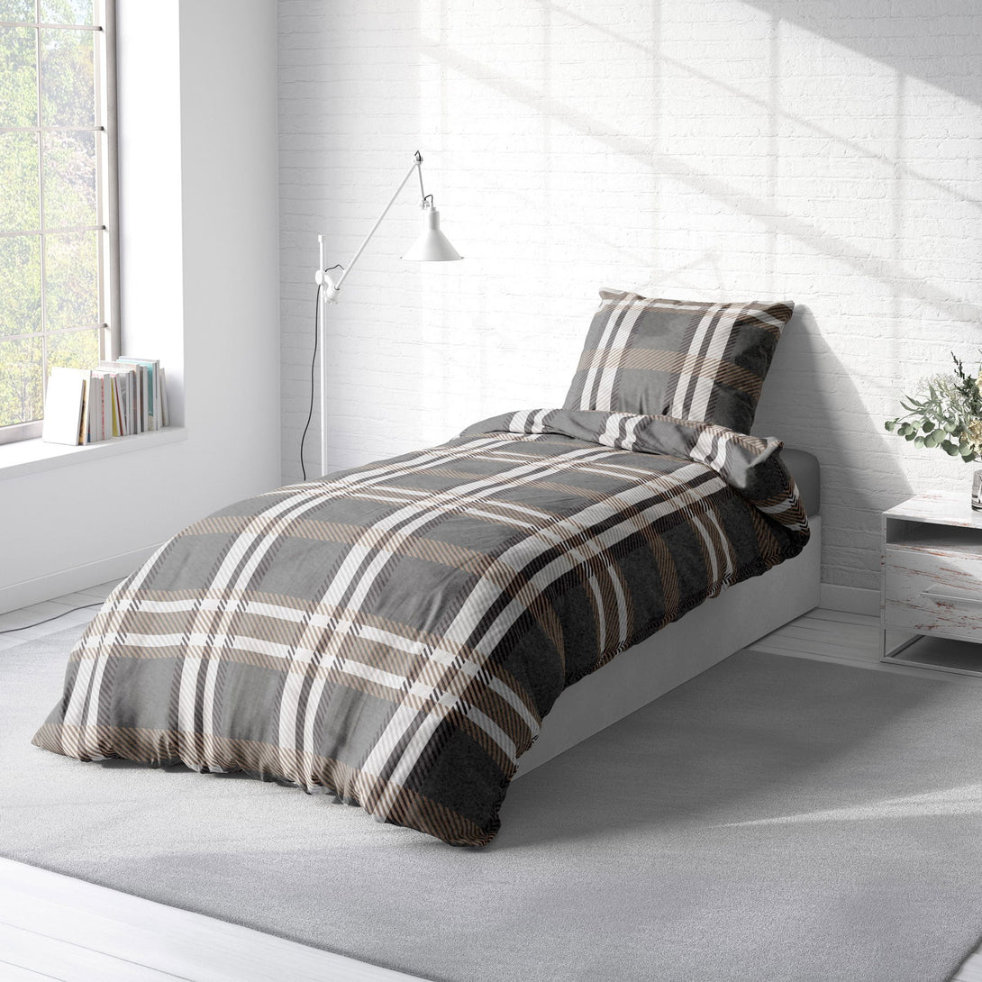 One Home Winter Bettwäsche 135x200 cm Kariert grau anthrazit taupe Flausch Warme Fleece