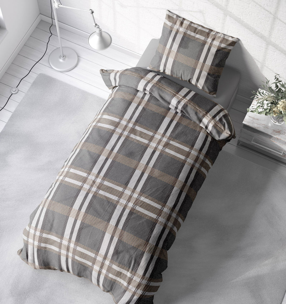 One Home Winter Bettwäsche 135x200 cm Kariert grau anthrazit taupe Flausch Warme Fleece