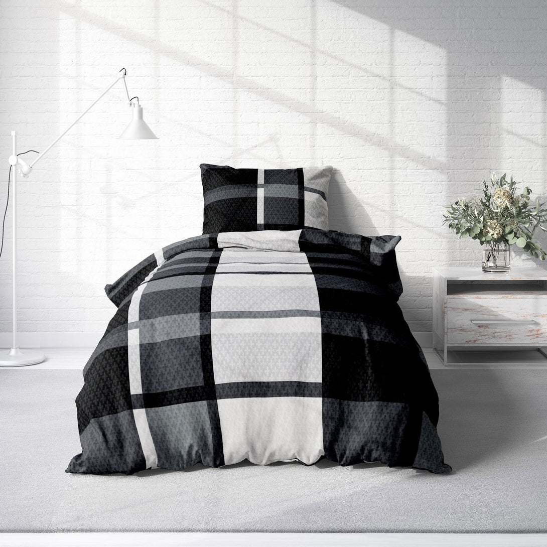 One Home Winter Bettwäsche 135x200 cm Kariert grau schwarz weiß Flausch Warme Fleece