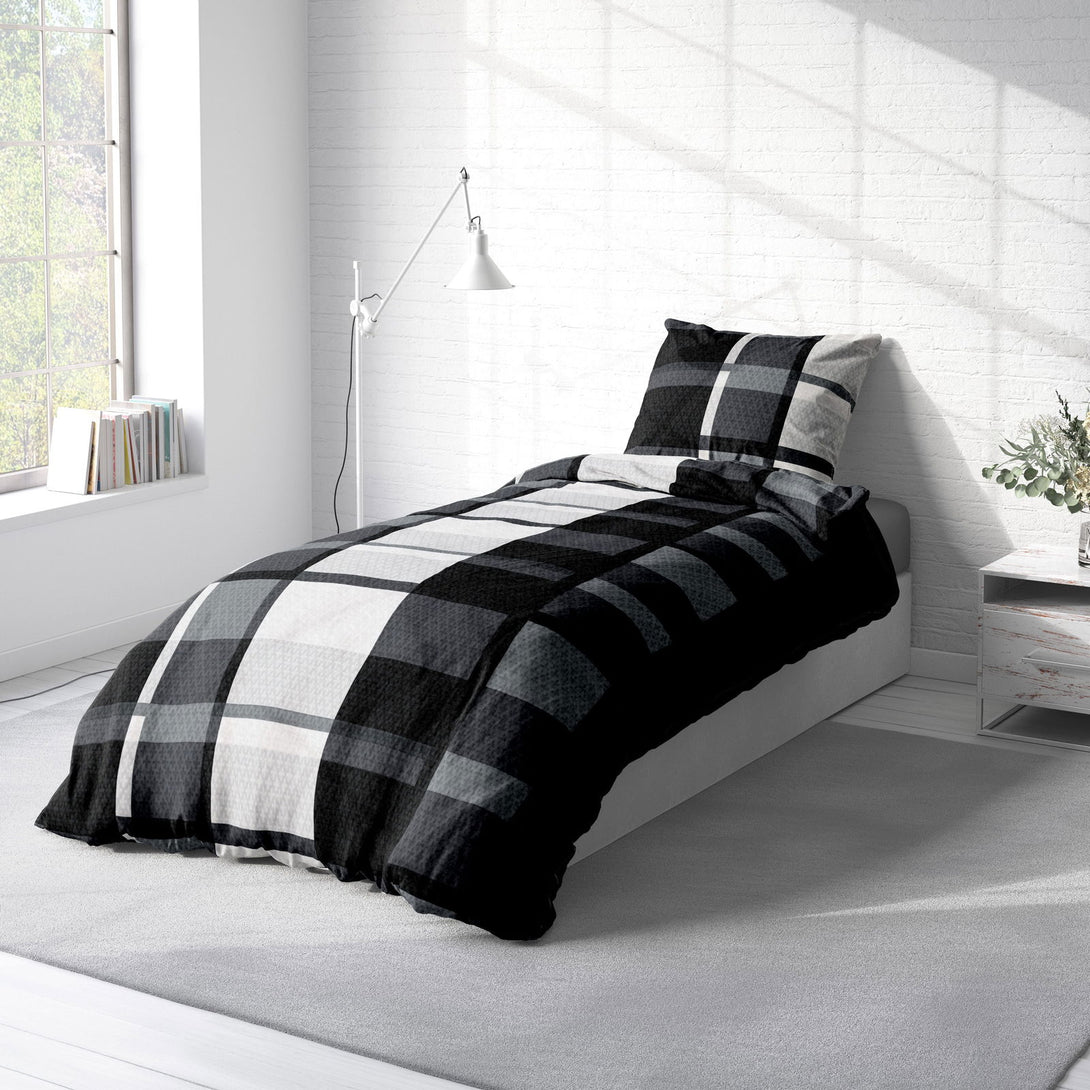 One Home Winter Bettwäsche 135x200 cm Kariert grau schwarz weiß Flausch Warme Fleece