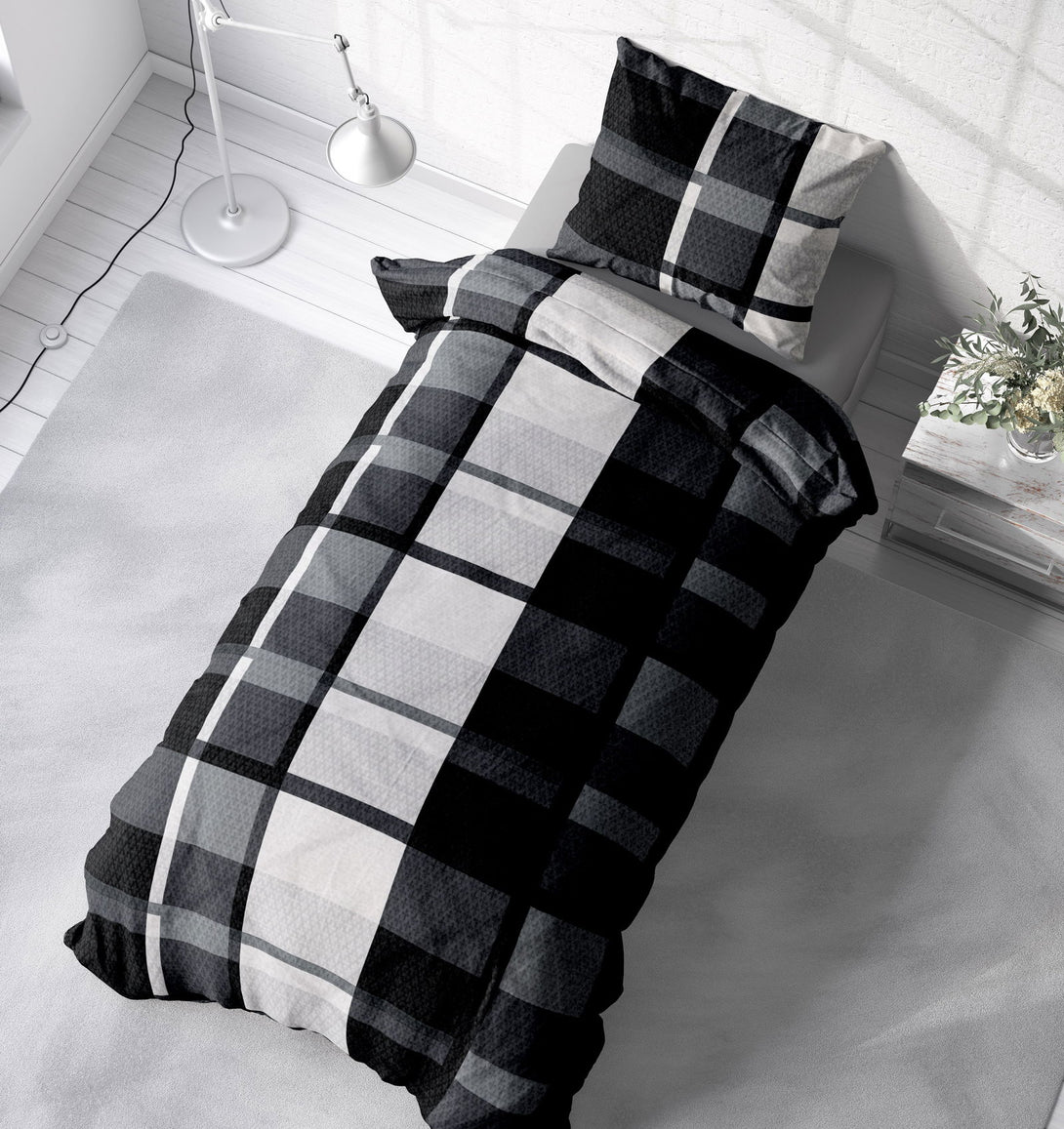 One Home Winter Bettwäsche 135x200 cm Kariert grau schwarz weiß Flausch Warme Fleece