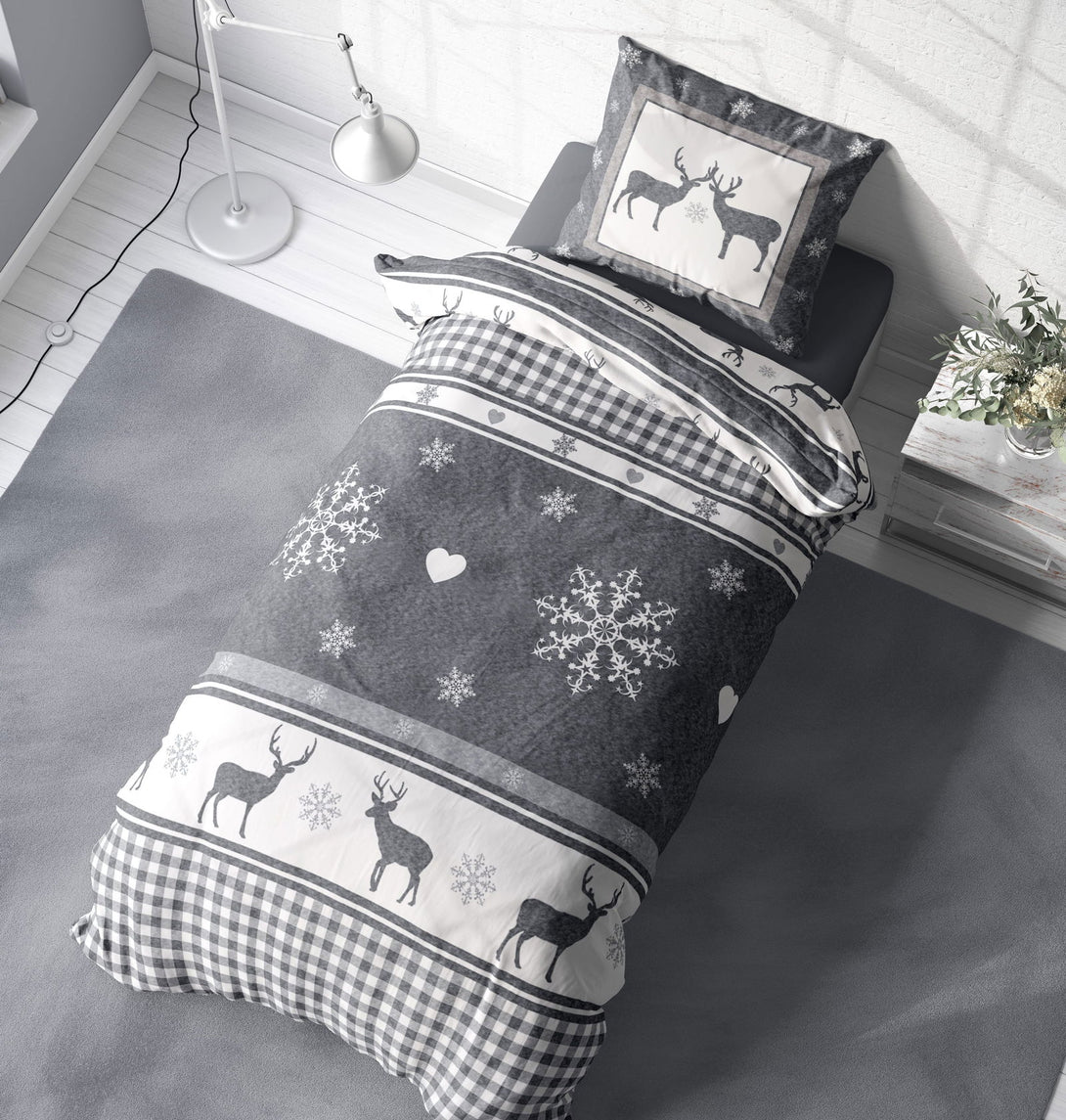 One Home Winter Bettwäsche 135x200 cm Rentiere Hirsch anthrazit grau Flausch Thermofleece