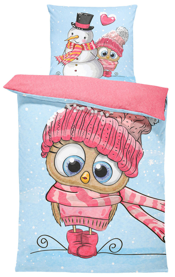 One Home Winter Bettwäsche 135x200 cm Schneemann Eule rosa hell blau Flausch Thermofleece