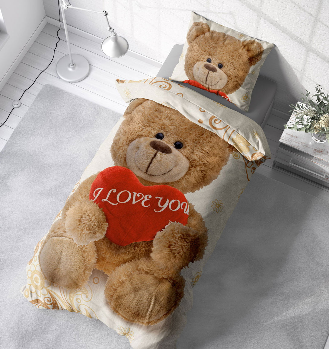 One Home Winter Bettwäsche 135x200 cm Teddy Herzen Love you beige Flausch Warme Fleece