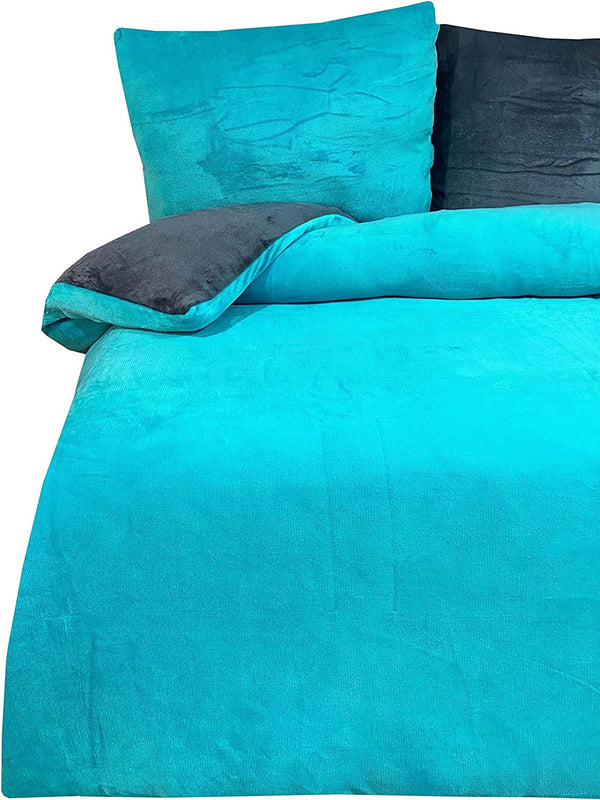 One Home Winter Bettwäsche 135x200 cm Teddy Plüsch Nicki Uni petrol warm Coral Fleece