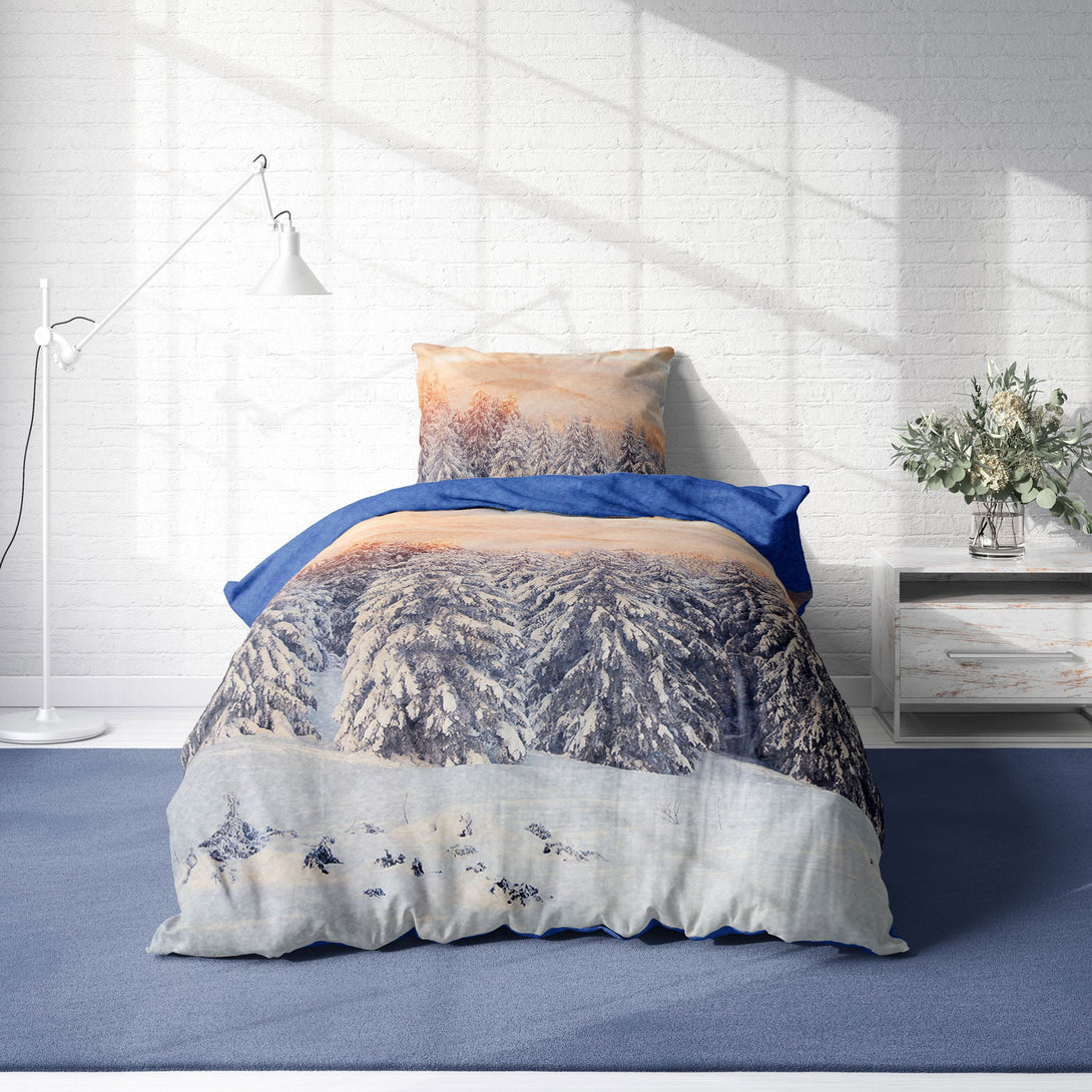 One Home Winter Bettwäsche 135x200 cm Winterlandschaft Schnee blau Flausch Thermofleece