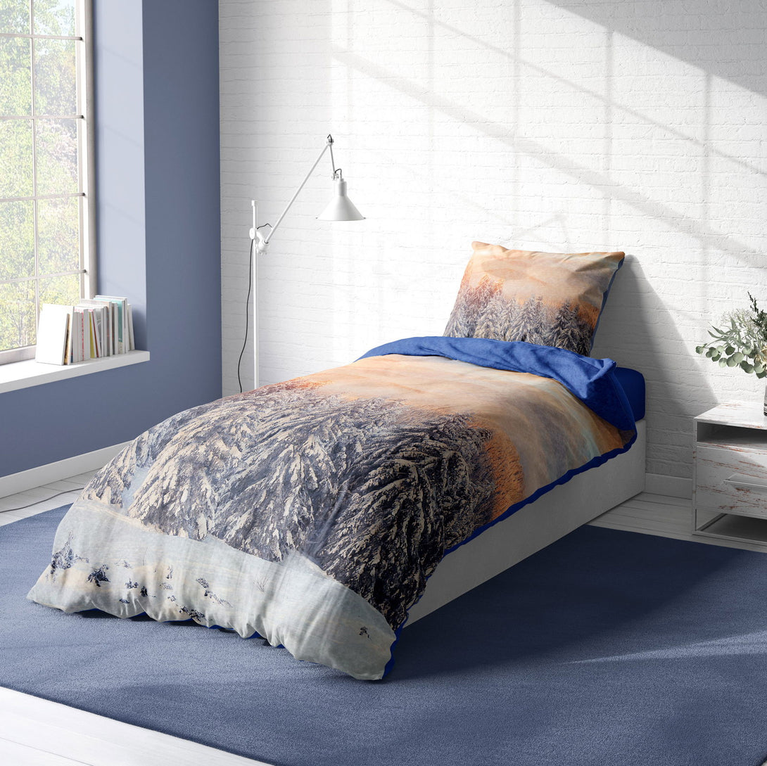 One Home Winter Bettwäsche 135x200 cm Winterlandschaft Schnee blau Flausch Thermofleece