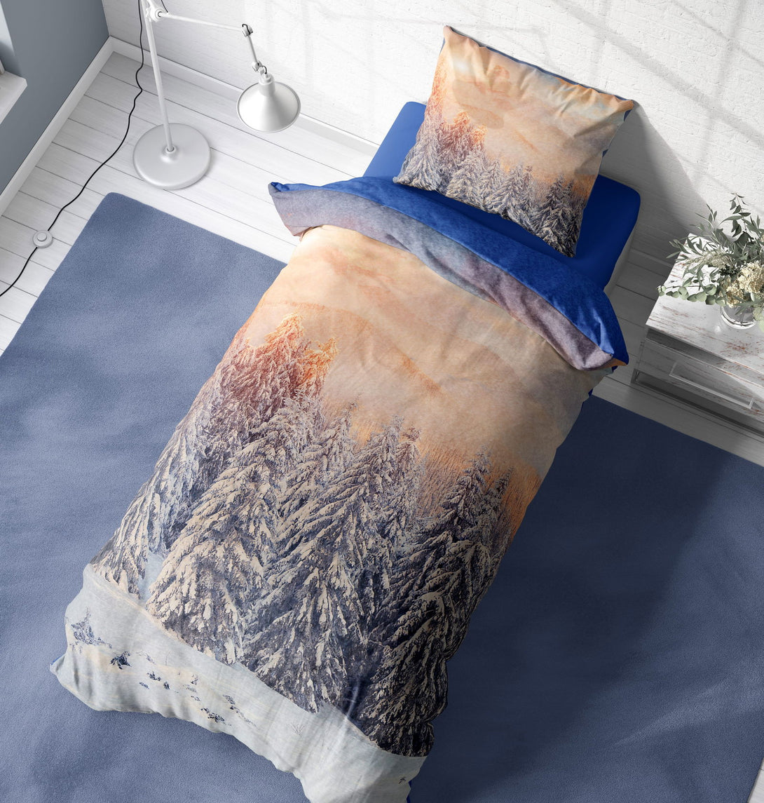 One Home Winter Bettwäsche 135x200 cm Winterlandschaft Schnee blau Flausch Thermofleece