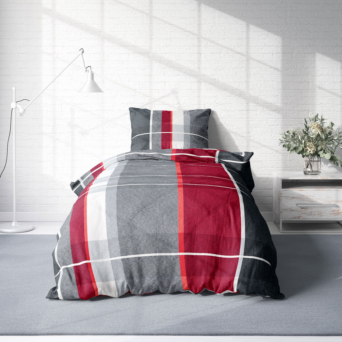 One Home Winter Bettwäsche 155x220 cm kariert grau silber rot modern Flausch Thermofleece