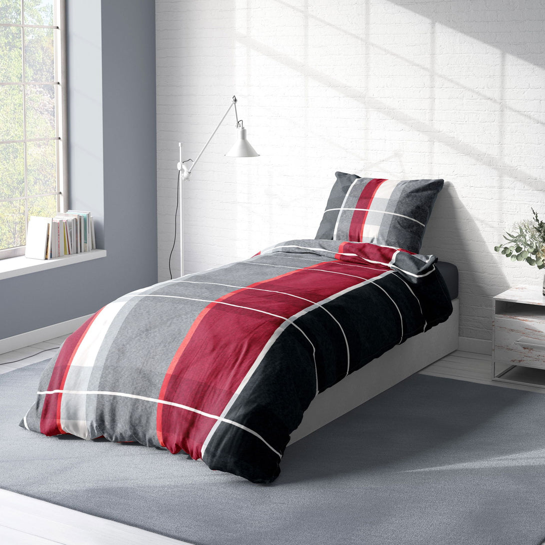One Home Winter Bettwäsche 155x220 cm kariert grau silber rot modern Flausch Thermofleece
