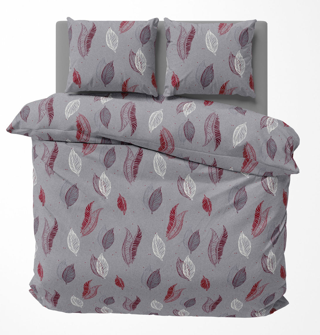 One Home Winter Bettwäsche 200x200 cm Blätter grau bordeaux rot Flausch Fleece Übergröße