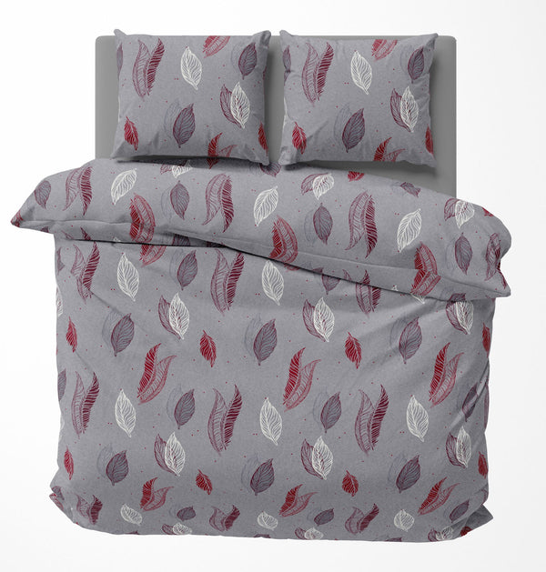One Home Winter Bettwäsche 200x200 cm Blätter grau bordeaux rot Flausch Fleece Übergröße