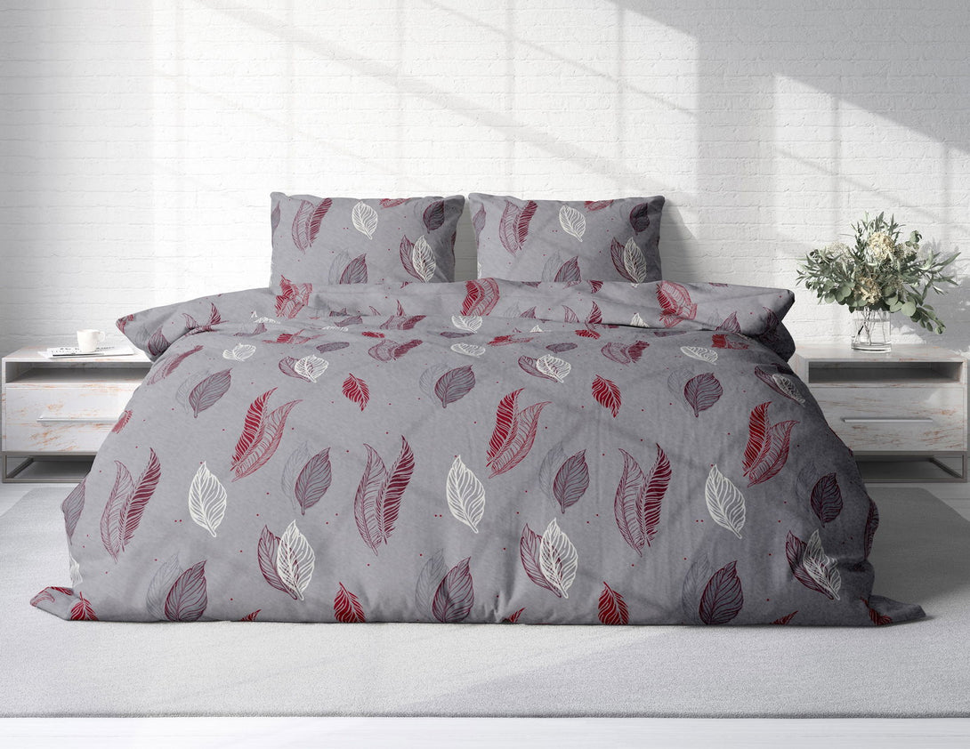 One Home Winter Bettwäsche 200x200 cm Blätter grau bordeaux rot Flausch Fleece Übergröße