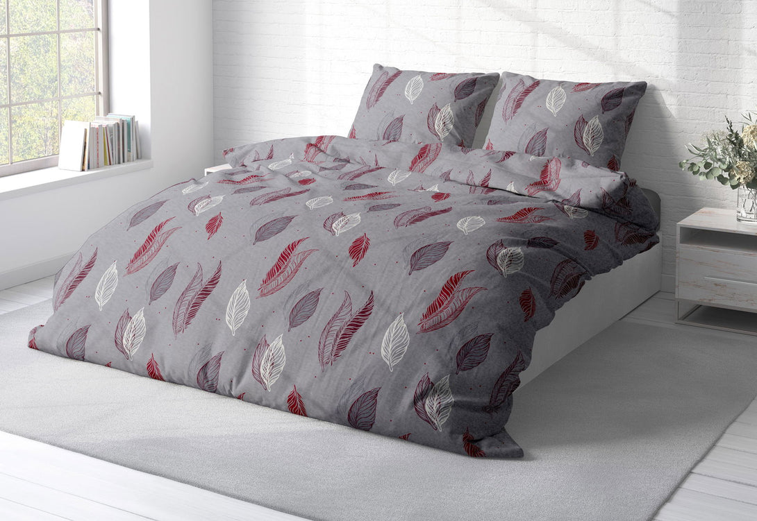 One Home Winter Bettwäsche 200x200 cm Blätter grau bordeaux rot Flausch Fleece Übergröße