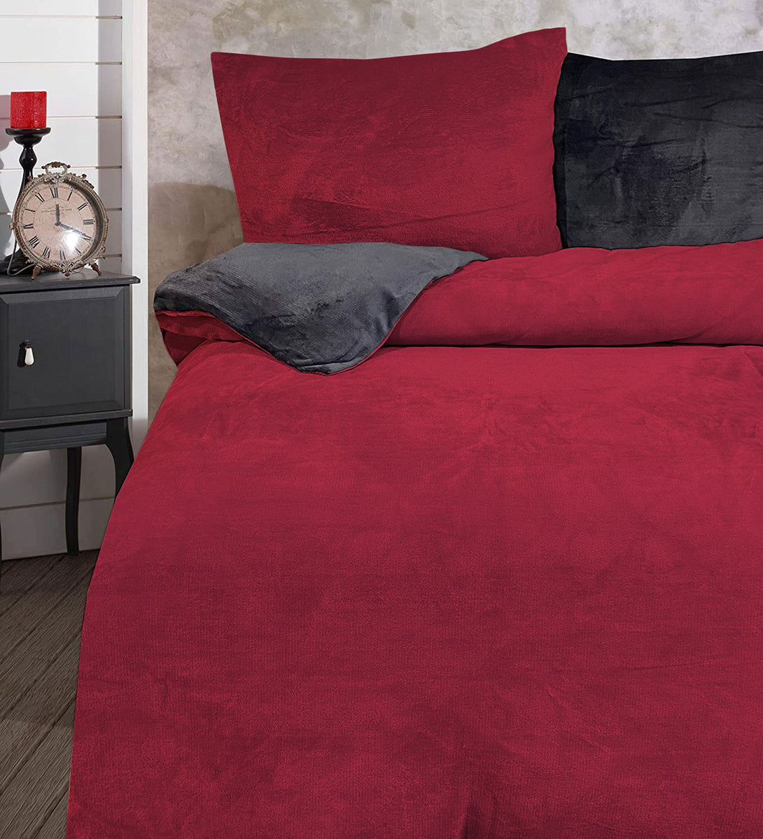 One Home Winter Bettwäsche 200x200 cm Teddy Plüsch Nicki Uni bordeaux Fleece Doppelbett