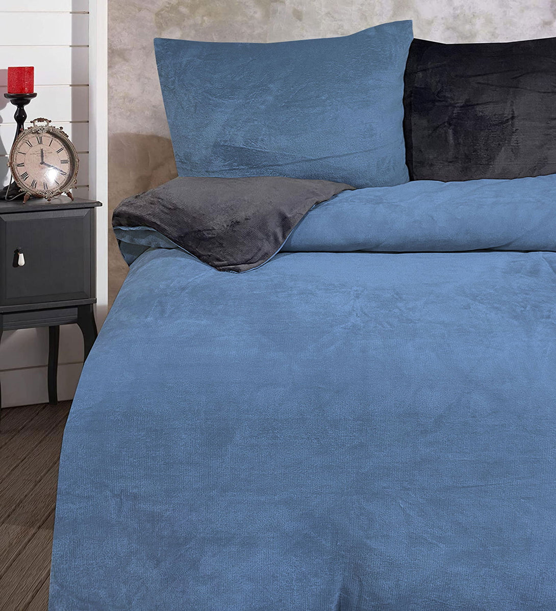 One Home Winter Bettwäsche 200x200 cm Teddy Plüsch Nicki Uni dunkelblau Fleece Doppelbett