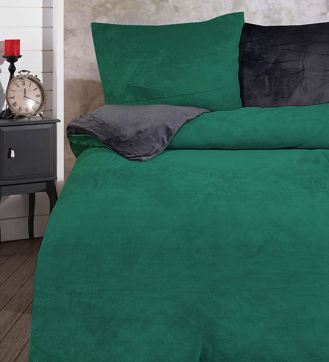 One Home Winter Bettwäsche 200x200 cm Teddy Plüsch Nicki Uni dunkelgrün Fleece Doppelbett