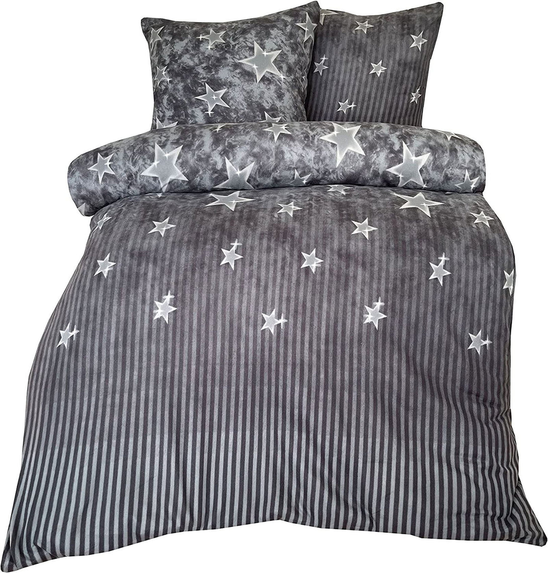 One Home Winter Bettwäsche 200x220 cm Sterne gestreift grau Flausch Warme Thermo Fleece