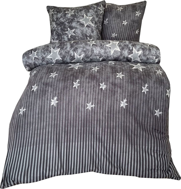 One Home Winter Bettwäsche 200x220 cm Sterne gestreift grau Flausch Warme Thermo Fleece