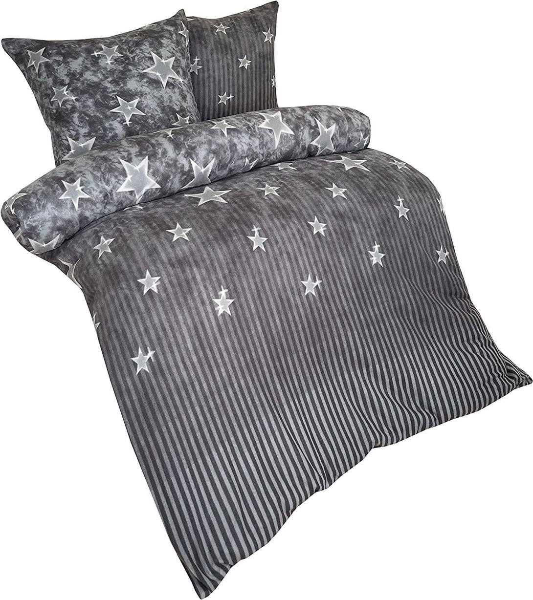 One Home Winter Bettwäsche 200x220 cm Sterne gestreift grau Flausch Warme Thermo Fleece