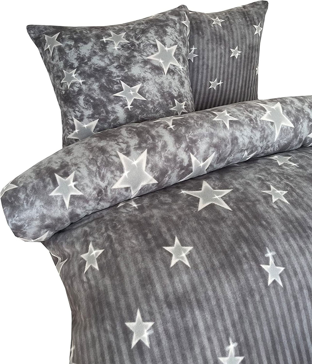 One Home Winter Bettwäsche 200x220 cm Sterne gestreift grau Flausch Warme Thermo Fleece
