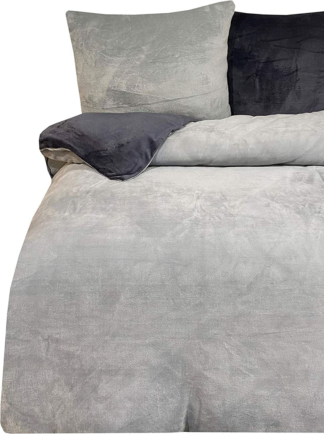 Winter Bettwäsche 200x220 cm Teddy Plüsch Nicki Uni grau warm Fleece D – One Home