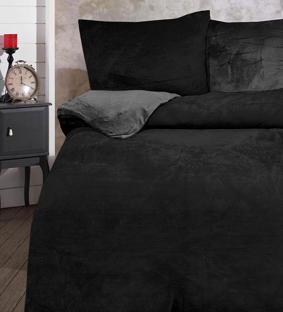 One Home Winter Bettwäsche 200x220 cm Teddy Plüsch Nicki Uni schwarz Fleece Doppelbett