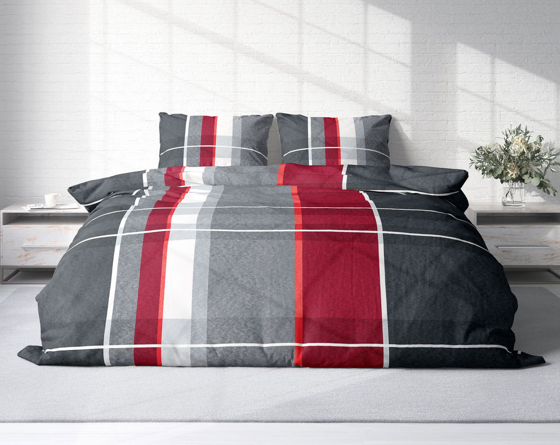 One Home Winter Bettwäsche 200x220 cm kariert gestreift grau rot Flausch Warme Fleece