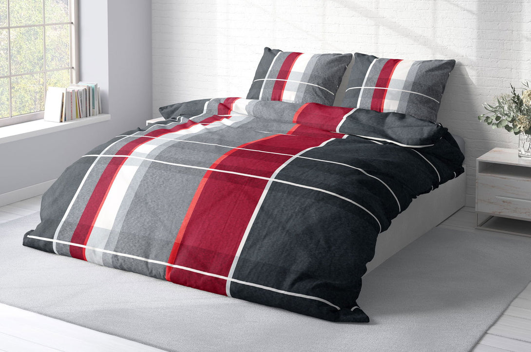 One Home Winter Bettwäsche 200x220 cm kariert gestreift grau rot Flausch Warme Fleece