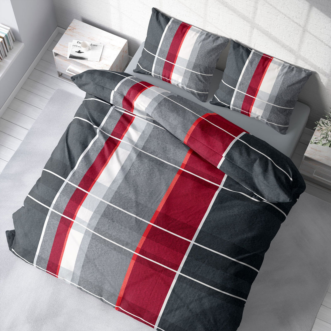 One Home Winter Bettwäsche 200x220 cm kariert gestreift grau rot Flausch Warme Fleece