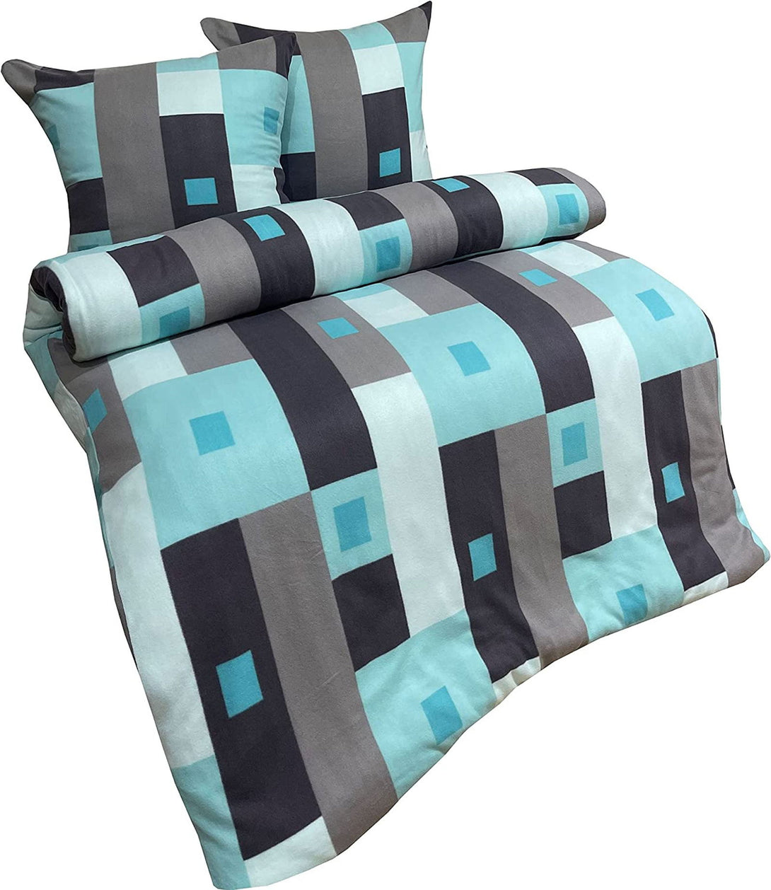 One Home Winter Bettwäsche 240x220 cm Kariert türkis grau Flausch Thermofleece Doppelbett