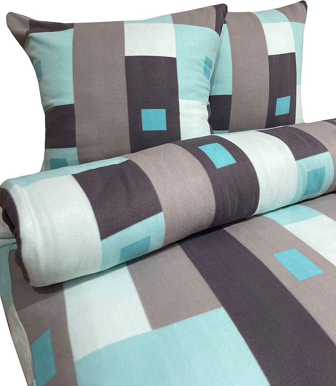 One Home Winter Bettwäsche 240x220 cm Kariert türkis grau Flausch Thermofleece Doppelbett