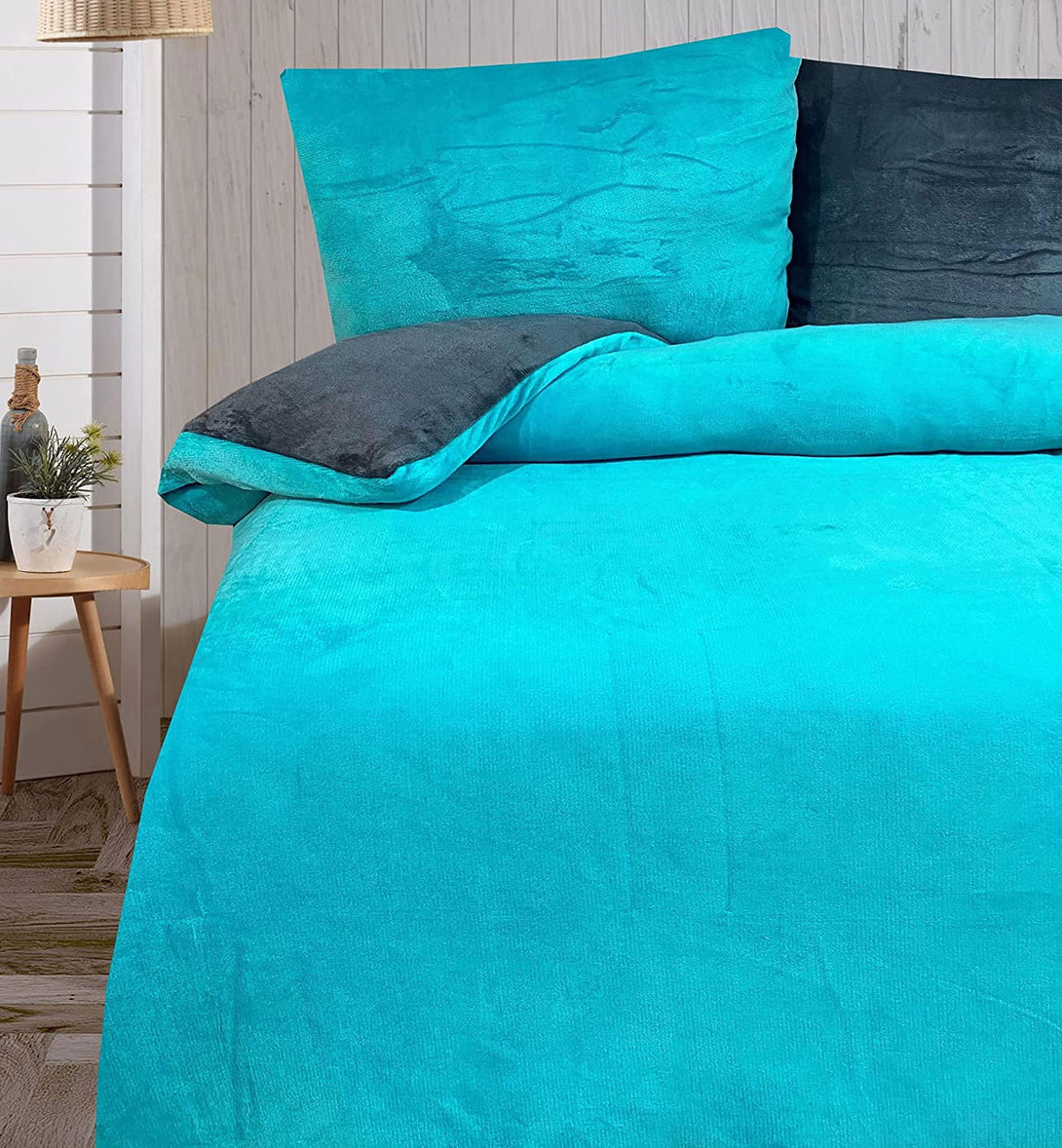 One Home Winter Bettwäsche 240x220 cm Teddy Plüsch Uni petrol warm Fleece Doppelbett