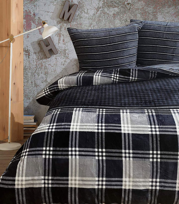 One Home Winter Bettwäsche Teddy Plüsch Kariert schwarz grau Nicki Fleece Flausch Warm 240x220 cm