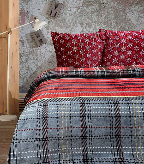 One Home Winter Bettwäsche Teddy Plüsch Schneeflocke grau rot Nicki Fleece Flauschig Warm 240x220 cm
