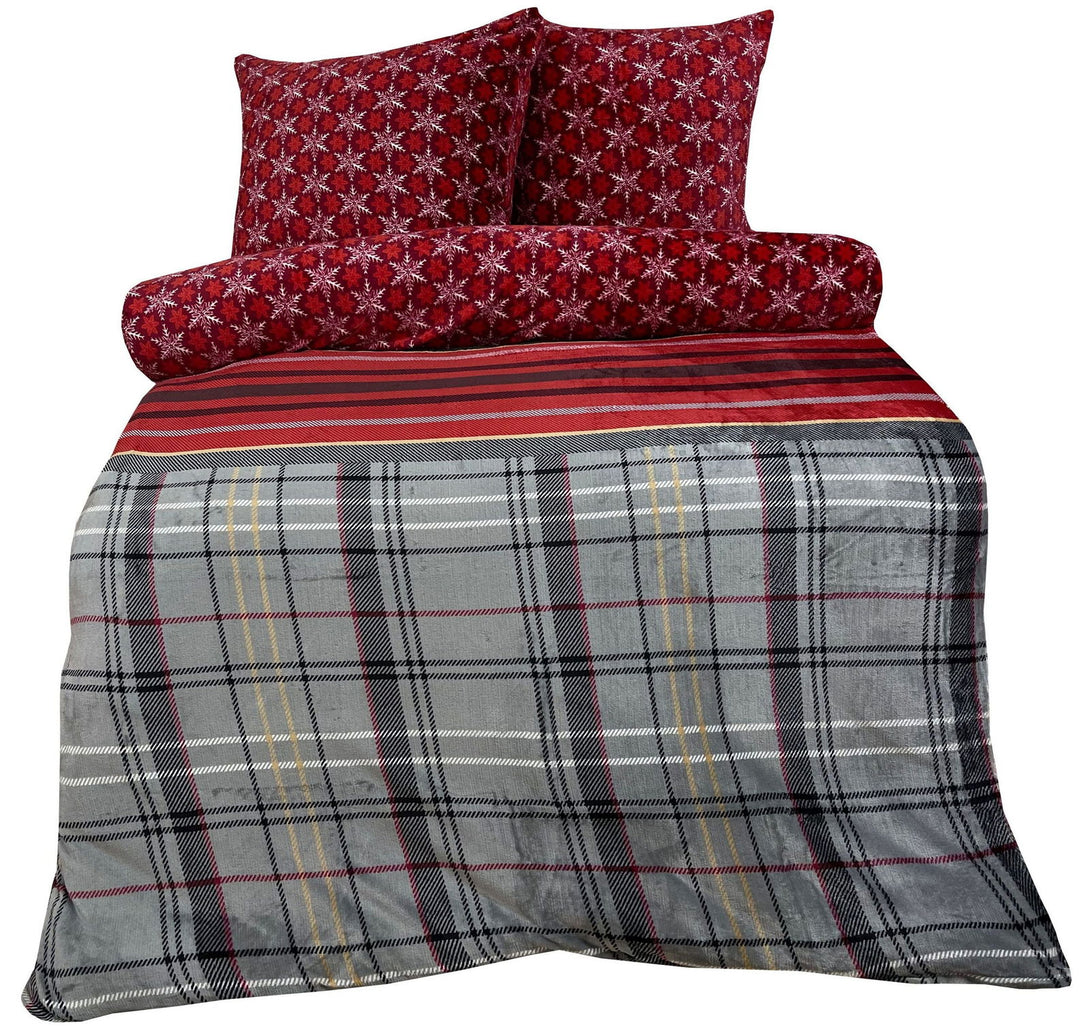 One Home Winter Bettwäsche Teddy Plüsch Schneeflocke grau rot Nicki Fleece Flauschig Warm