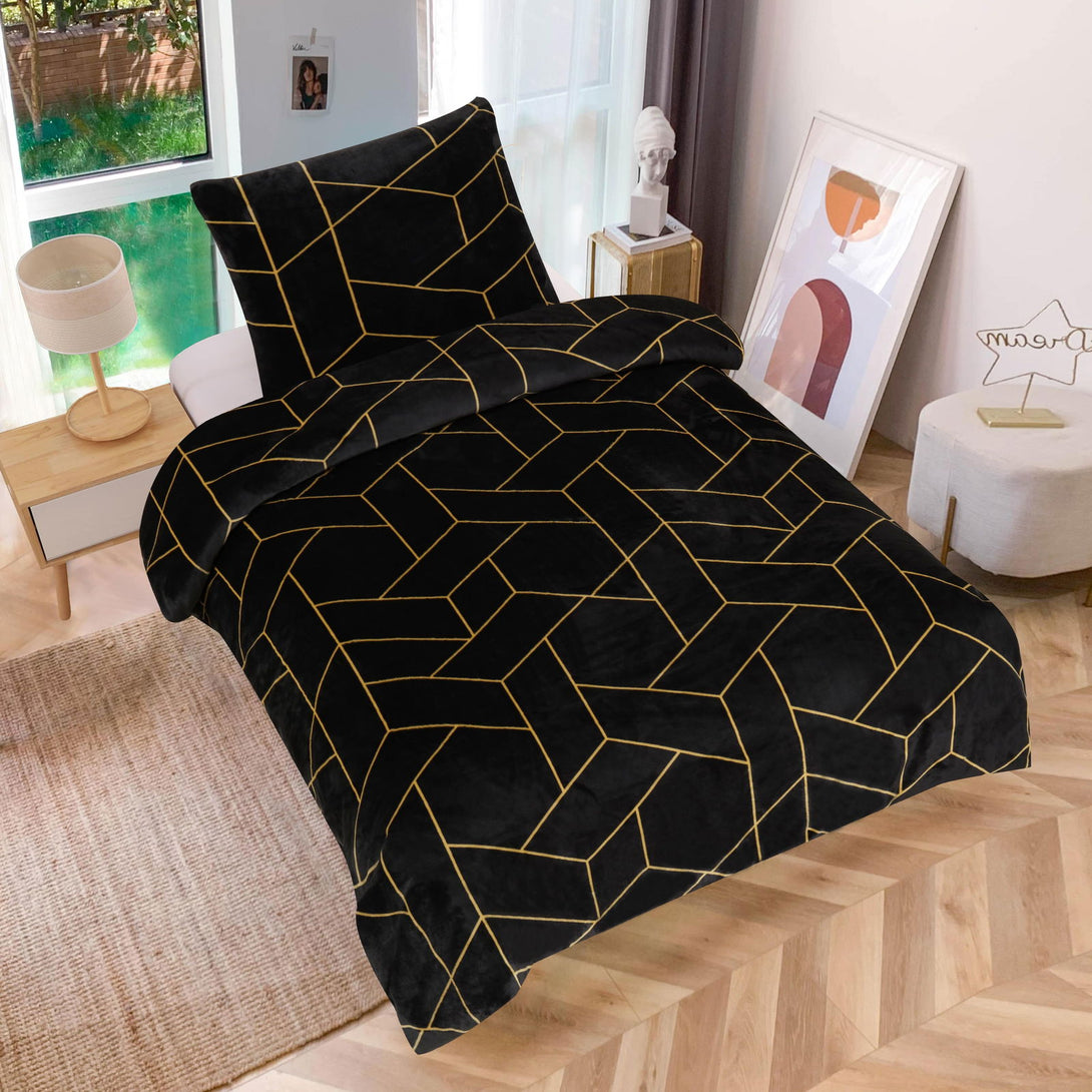 One Home Winter Bettwäsche Teddy Plüsch geometrisch schwarz gold modern Flauschig Warm