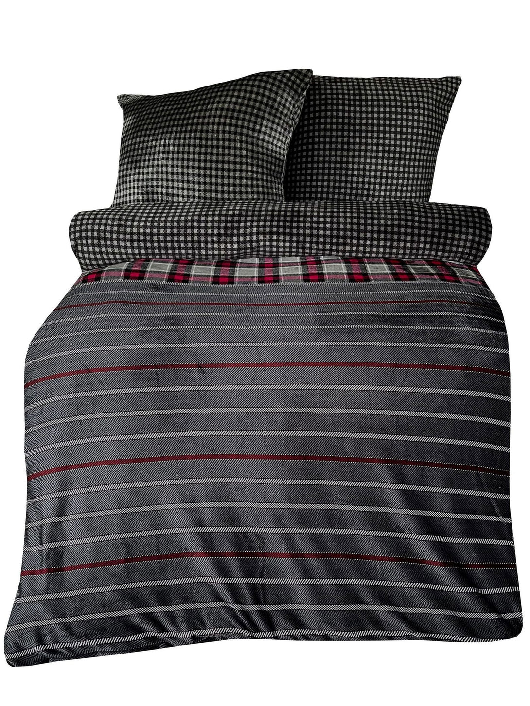 One Home Winter Bettwäsche Teddy Plüsch gestreift anthrazit Nicki Fleece Flauschig Warm
