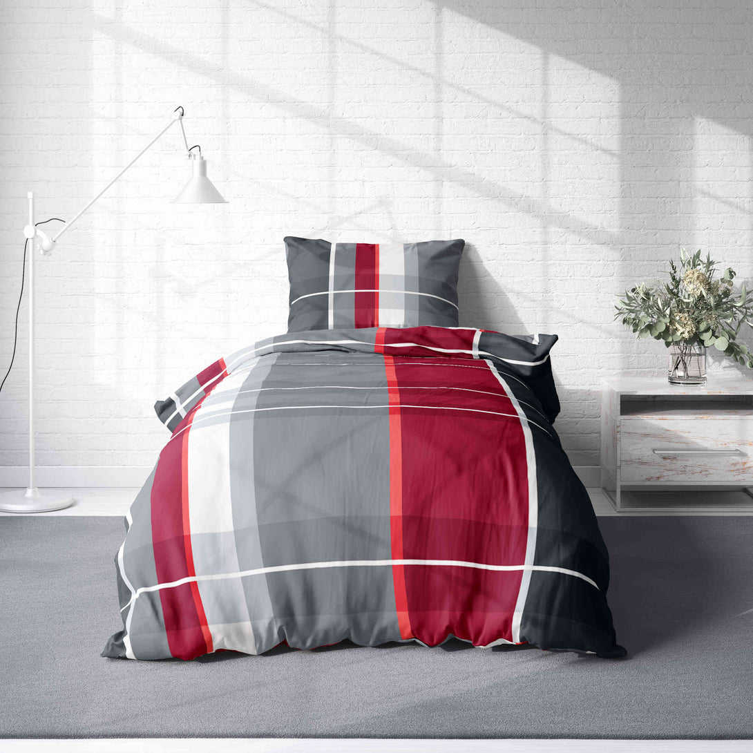 One Home Bettwäsche 155x220 cm kariert gestreift rot grau Biber Winter Flanell Baumwolle