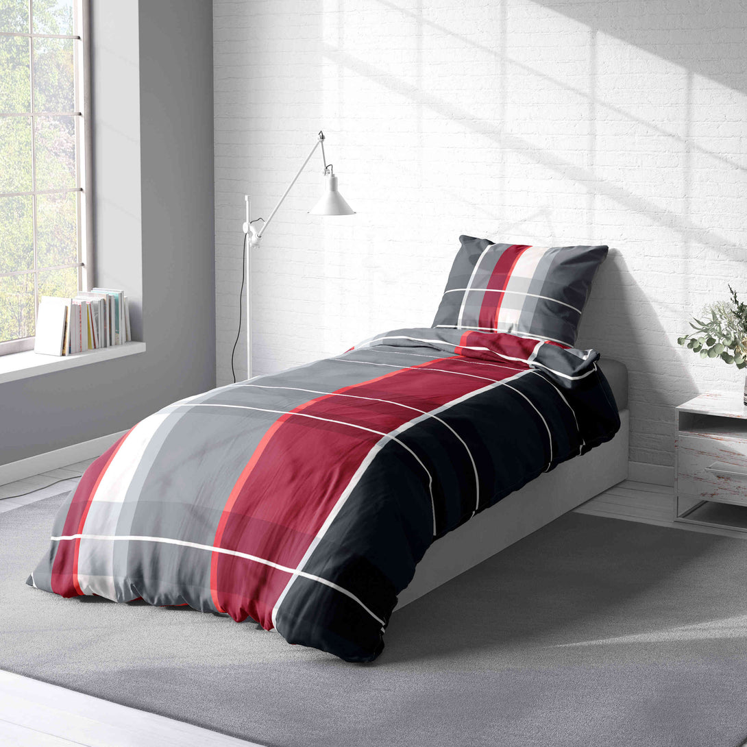 One Home Bettwäsche 155x220 cm kariert gestreift rot grau Biber Winter Flanell Baumwolle