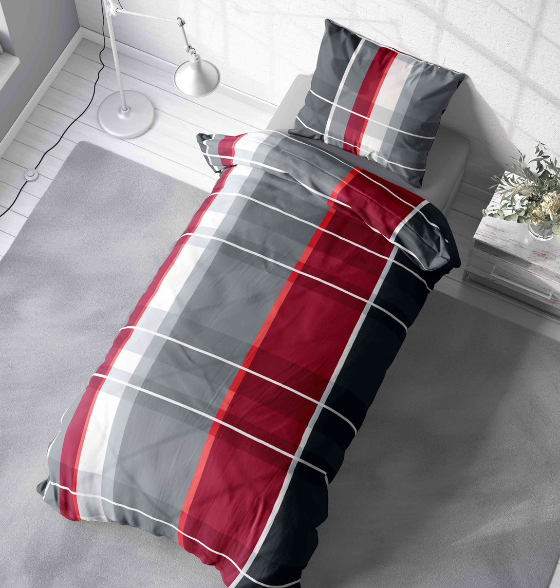 One Home Bettwäsche 155x220 cm kariert gestreift rot grau Biber Winter Flanell Baumwolle