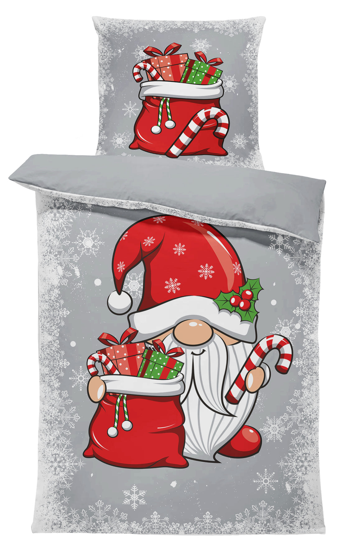 One Home Bettwäsche 135x200 cm Wichtel Weihnachten Schneeflocken grau Biber Winter Flanell Baumwolle