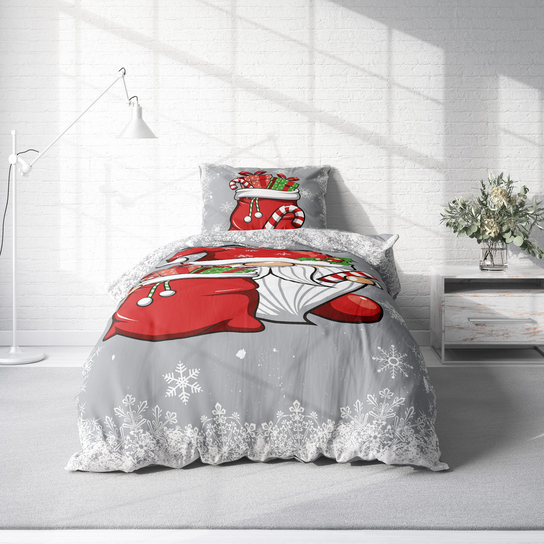 One Home Bettwäsche 135x200 cm Wichtel Weihnachten Schneeflocken grau Biber Winter Flanell Baumwolle