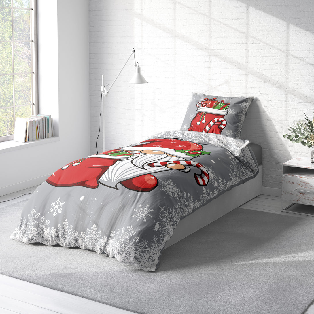 One Home Bettwäsche 135x200 cm Wichtel Weihnachten Schneeflocken grau Biber Winter Flanell Baumwolle