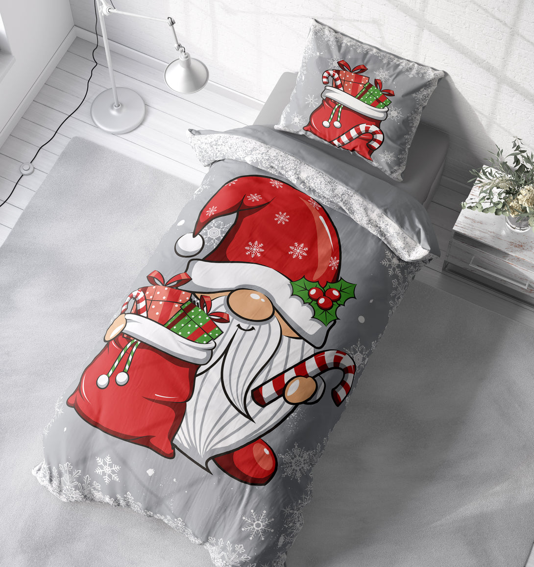 One Home Bettwäsche 135x200 cm Wichtel Weihnachten Schneeflocken grau Biber Winter Flanell Baumwolle