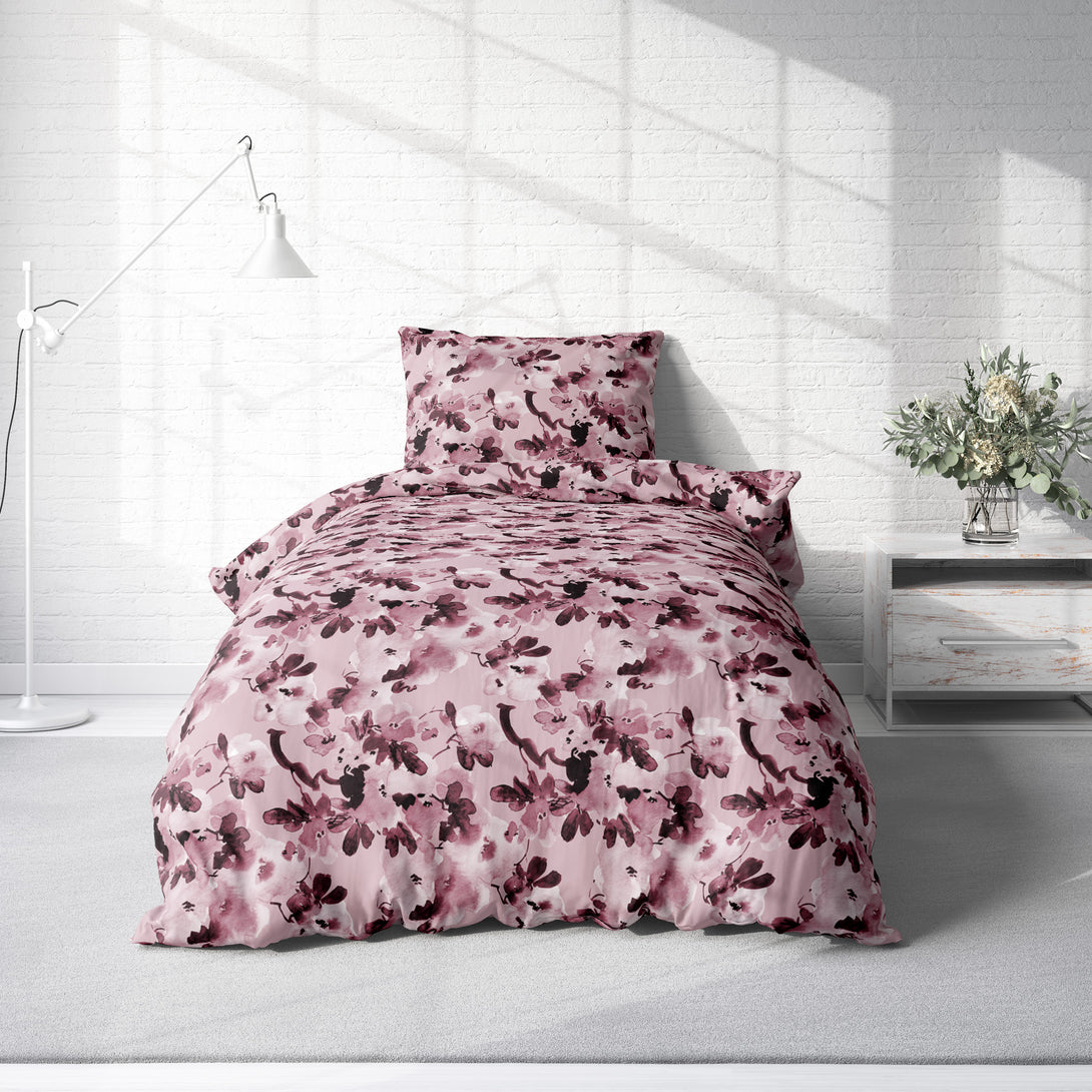 One Home Biber Bettwäsche 155x220 cm Blumen geblümt rosa rot Winter Flanell Baumwolle