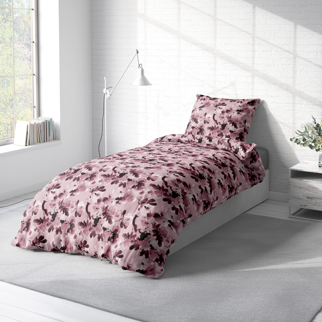 One Home Biber Bettwäsche 155x220 cm Blumen geblümt rosa rot Winter Flanell Baumwolle