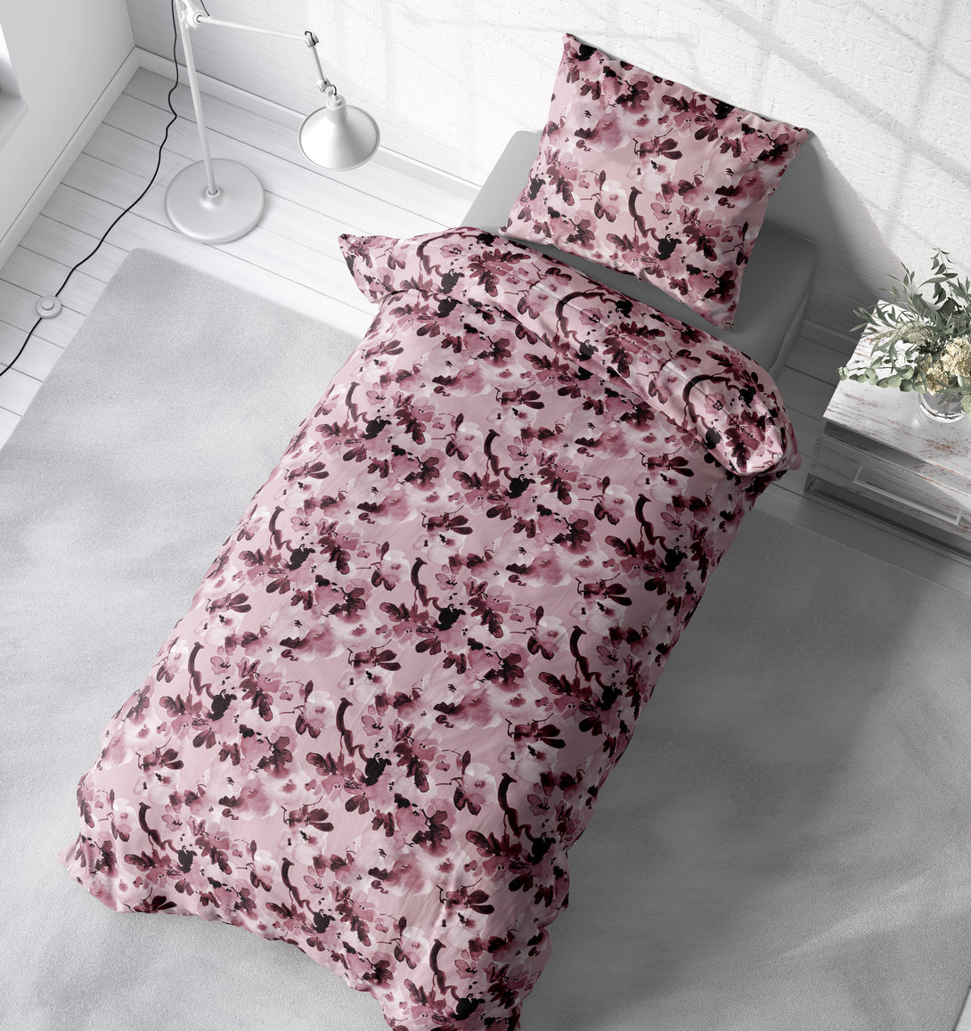 One Home Biber Bettwäsche 155x220 cm Blumen geblümt rosa rot Winter Flanell Baumwolle