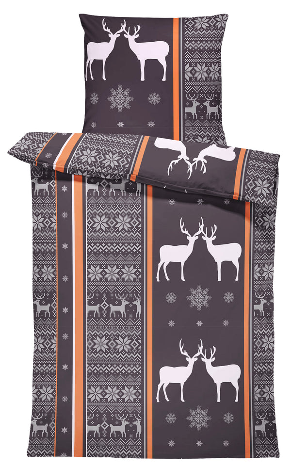 One Home Biber Bettwäsche 155x220 cm Rentiere Schneeflocken braun Winter Warm Baumwolle